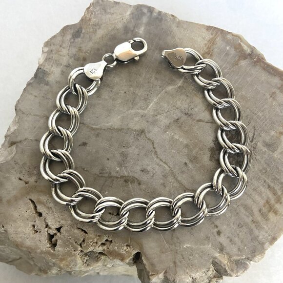 Italian Sterling Silver 925 11MM Wide Double Curb Link Charm Bracelet 8" - Picture 5 of 16